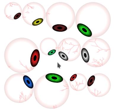 example of the html5 eyeball code showing 12 different eyeballs all following the mouse