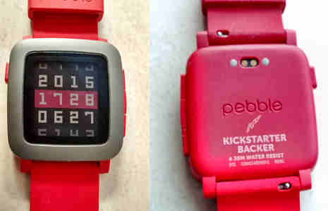 pebble time watch with red strap and case, contains two images watch front and back