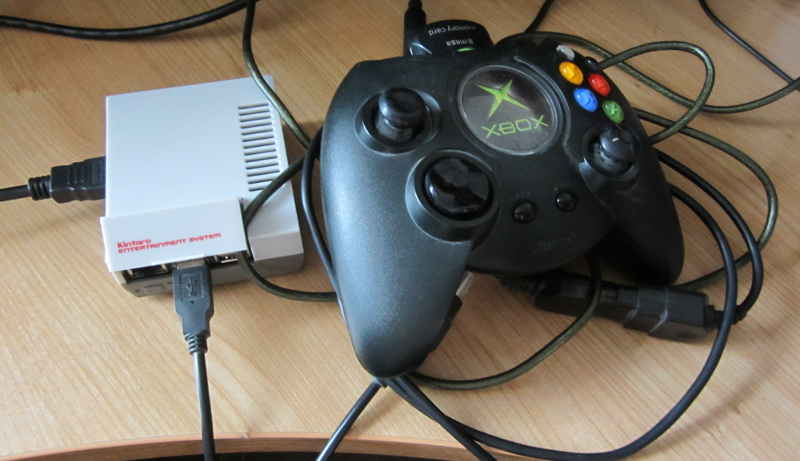 old Xbox controller connected to raspberry pi in a faux NES case