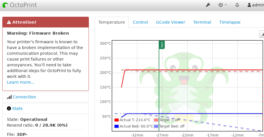 OctoPrint screenshot showing Firmware error