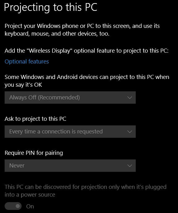 screen capture of the windows 10 settings Project to this PC