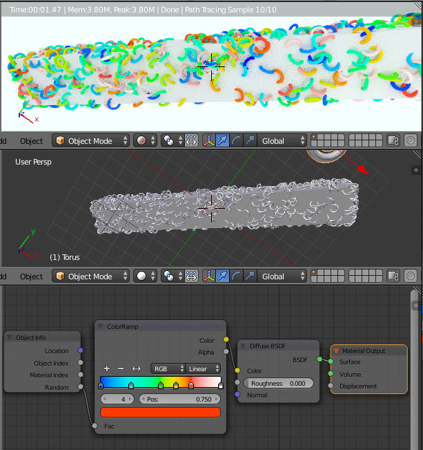 blender screen-shot of the hair nodes and the torus as hair on an extruded cube
