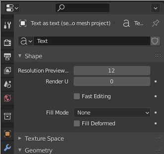 Screen capture Blender Text settings fill mode none