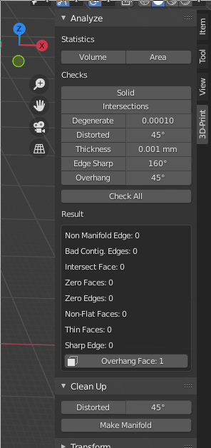 Screen capture Blender toolkit tab for 3D printing