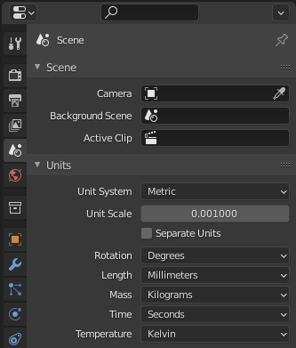 Screen capture Blender Scene Units for 3D printing