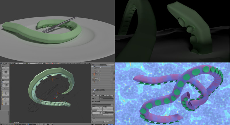 collection of 4 images all featuring a 3d modelled tentacle, on a plate with fork, rising from the sea in the dark, animation still and two colourfully intertwined