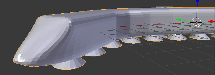 screen shot of 3d software blender showing tentacle segment with array, curve and subdivision modifiers highlighting how the square sucker is now round