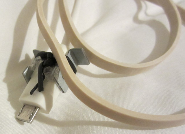 photo of badly doctored usb cable with superglue, cable ties and metal brackets