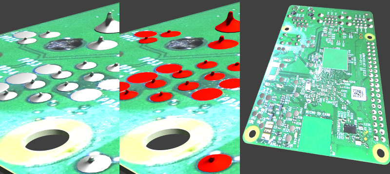raspberry pi 3d render showing solder silver, red and zoomed out