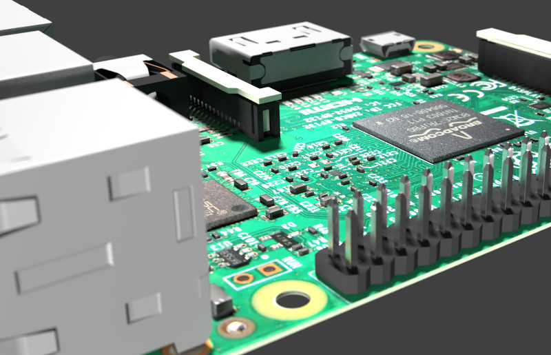 raspberry pi 3 rendered in blender highlighting the added capacitors and resistors