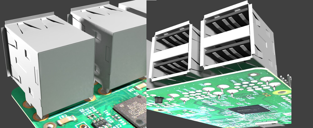 renderings of raspberry pi circuit board highlighting the USB connectors
