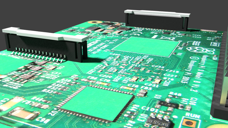 rendering of modelled raspberry pi circuit board highlighting the CSI connectors