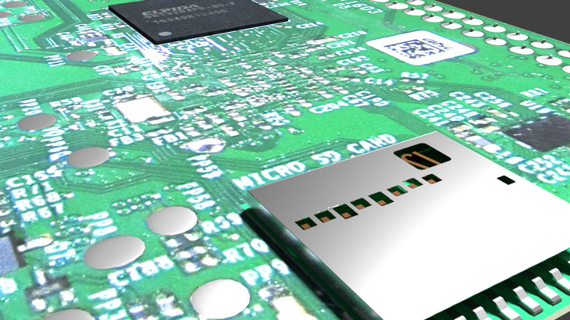 rendering of modelled raspberry pi circuit board close up on SD card slot