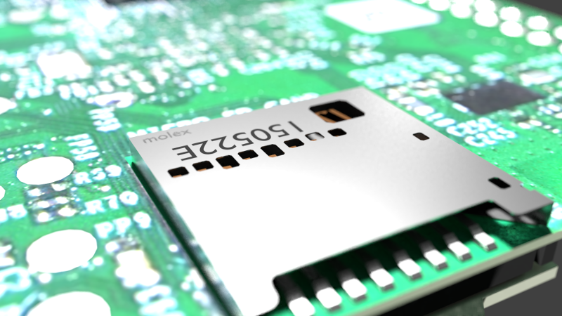 reworked sd card slot 3d model on a raspberry pi circuit board rendered in blender