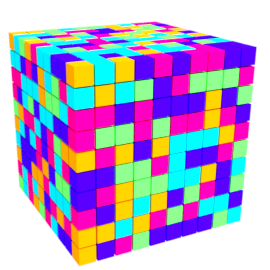 Blender node for random textures, represented as colours render in 1000 cube array