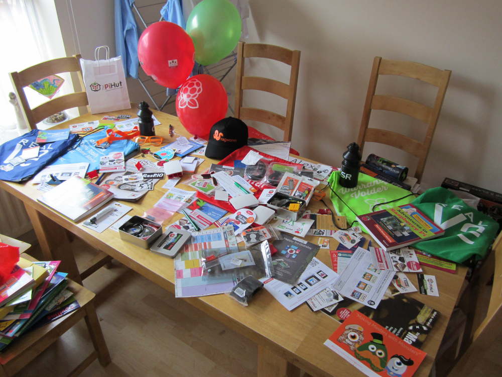 bags and bags of swag from the Raspberry Pi 3rd birthday party weekend Cambridge 20150229