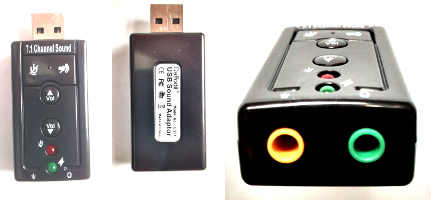 Photographs of a USB sound card from three angles.