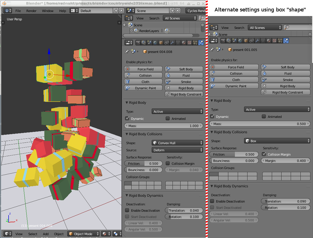 Blender 3D software screenshot showing animated presents and physics settings