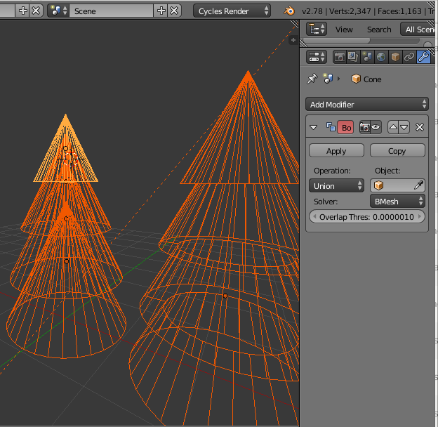 Blender 3D software screenshot showing 4 cones separate and 4 cones combined via the Boolean modifier