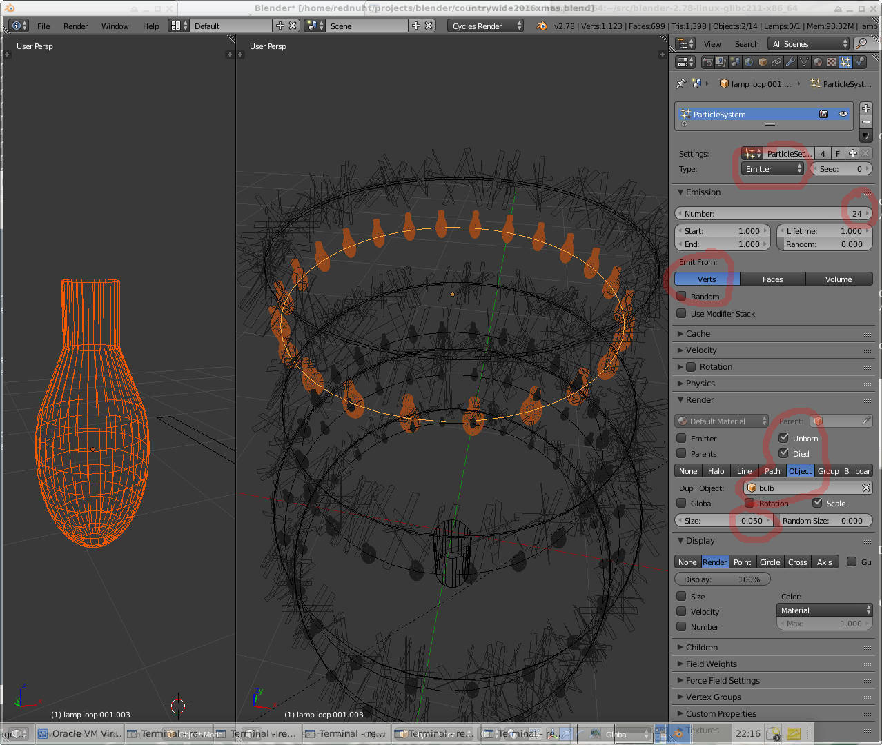 Blender 3D software screenshot showing emitter system generating a ring of tree light objects