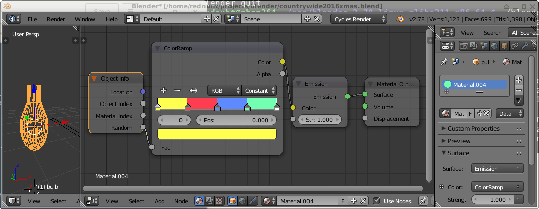 Blender 3D software screenshot showing node setup for random colours